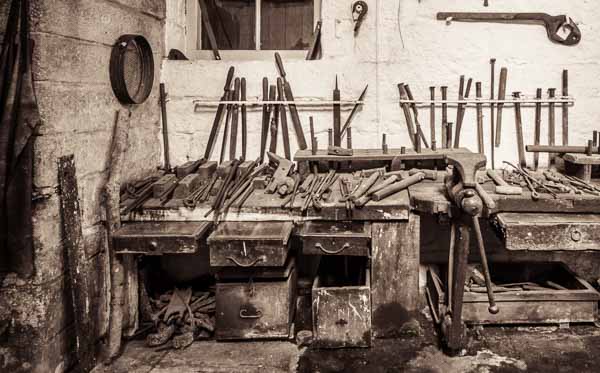 Tools inside the old railway workshops